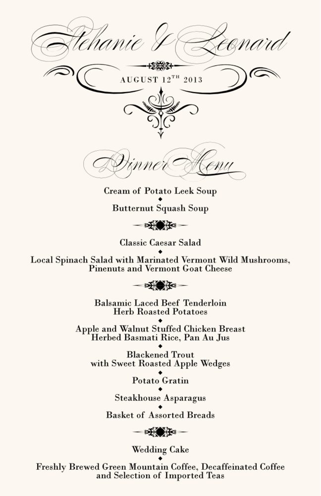 French Typographic Library 11 Flourish Wedding Menu Cards and Reception